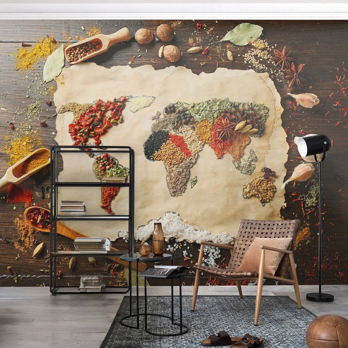 Fotomural Premium Sand - Todos los sabores del mundo - Gastronomía, Mapa del mundo, Especias secas - 400x280 cm