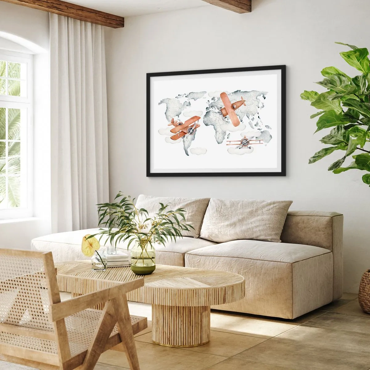Póster en marco negro - Ilustración de un mapa del mundo con aviones - 70x50cm - Con espíritu pionero - Decoración de pared moderna para salón y dormitorio ARTTOR