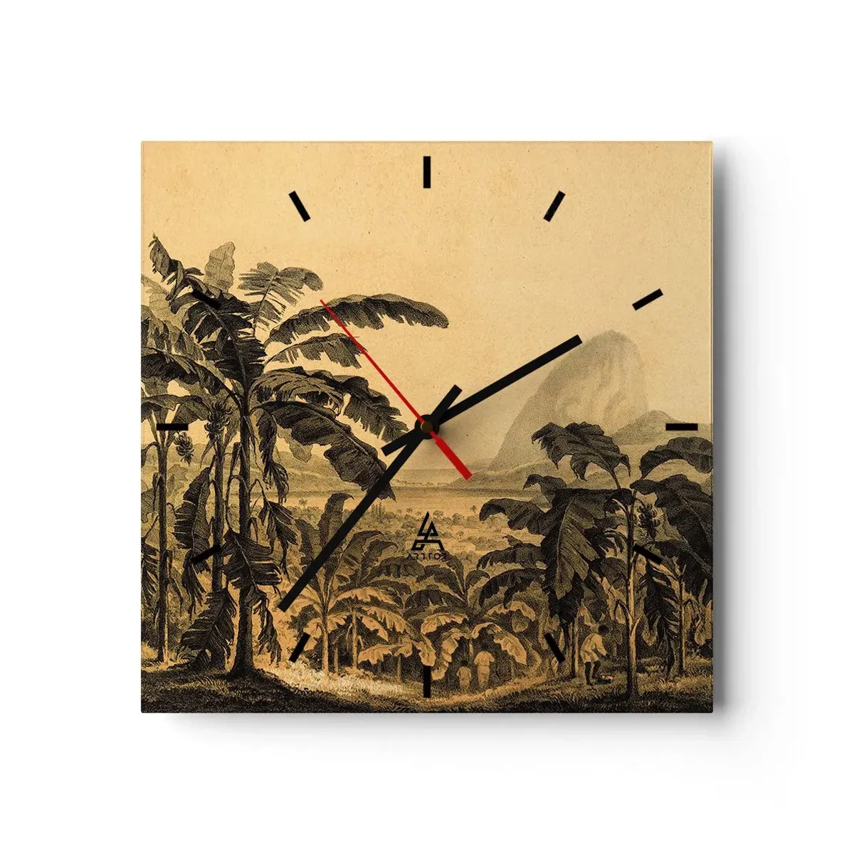 Reloj de pared - Reloj de vidrio - Dibujo de árboles de plátano sobre un fondo de paisaje tropical. - 30x30cm - En un ambiente colonial - Decoración de pared moderna para salón y dormitorio ARTTOR