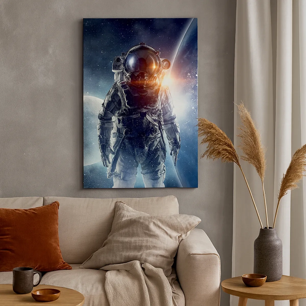 Cuadro sobre lienzo - Impresión de Imagen - Astronauta con el espacio y el planeta Tierra como telón de fondo - 50x70cm - Una aventura cósmica - Decoración de pared moderna para salón y dormitorio ARTTOR