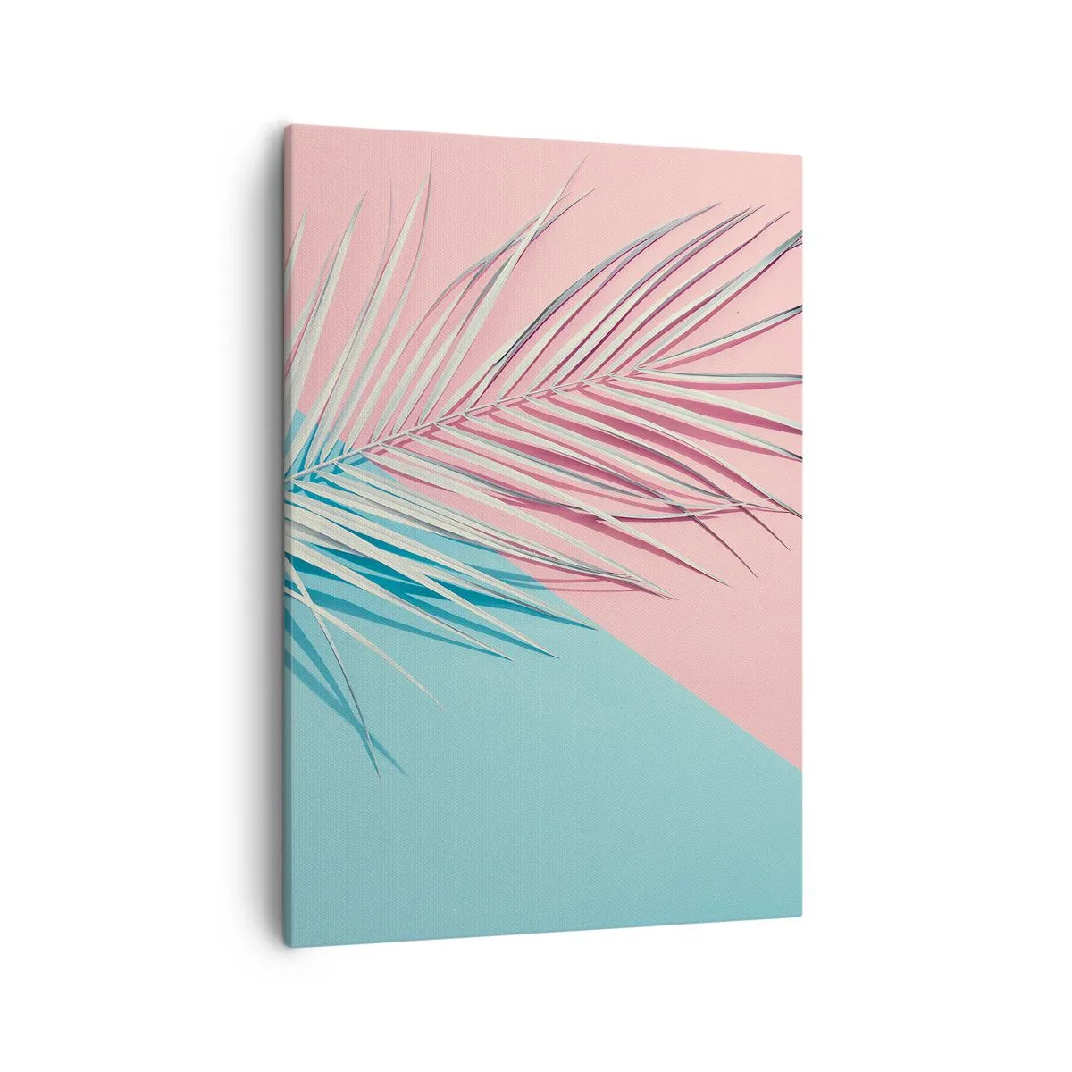 Cuadro sobre lienzo - Impresión de Imagen - Hoja tropical sobre un fondo de tonos pastel de rosa y azul. - 50x70cm - Impresión tropical - Decoración de pared moderna para salón y dormitorio ARTTOR