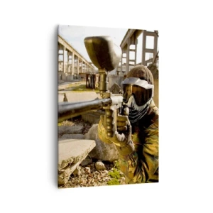 Cuadro sobre lienzo - Impresión de Imagen - Un jugador de paintball con equipo de camuflaje apuntando con un marcador. - 70x100cm - Y puedes ser un héroe - Decoración de pared moderna para salón y dormitorio ARTTOR