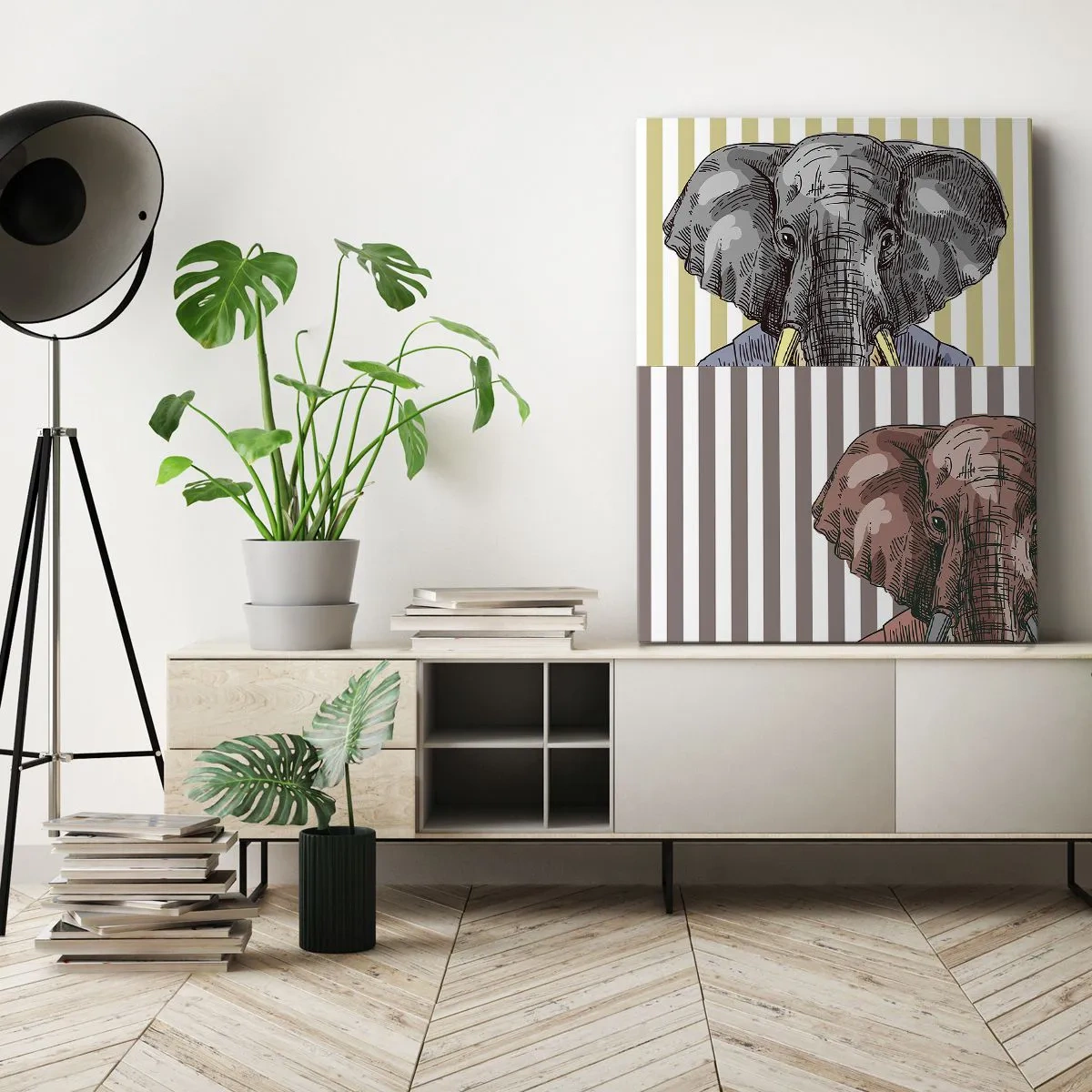 Cuadro sobre lienzo - Impresión de Imagen - Un elefante con traje sobre un fondo de rayas beige. - 50x70cm - Elegante por naturaleza - Decoración de pared moderna para salón y dormitorio ARTTOR