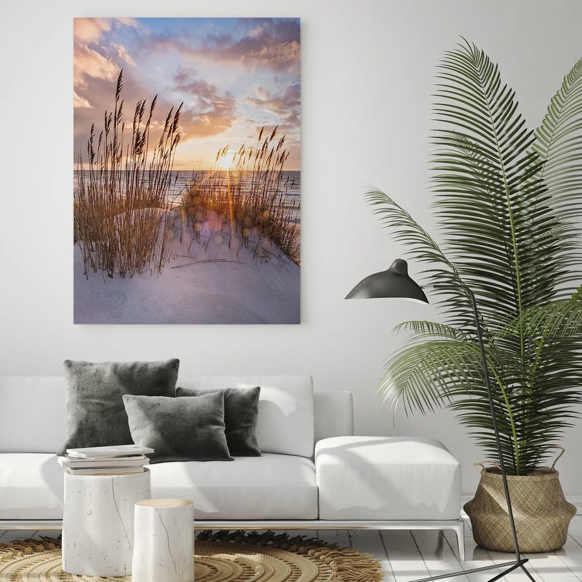Cuadro sobre vidrio - Impresiones sobre Vidrio - Puesta de sol sobre el mar vista a través de los pastos costeros - 50x70cm - Adiós al sol y al viento - Decoración de pared moderna para salón y dormitorio ARTTOR