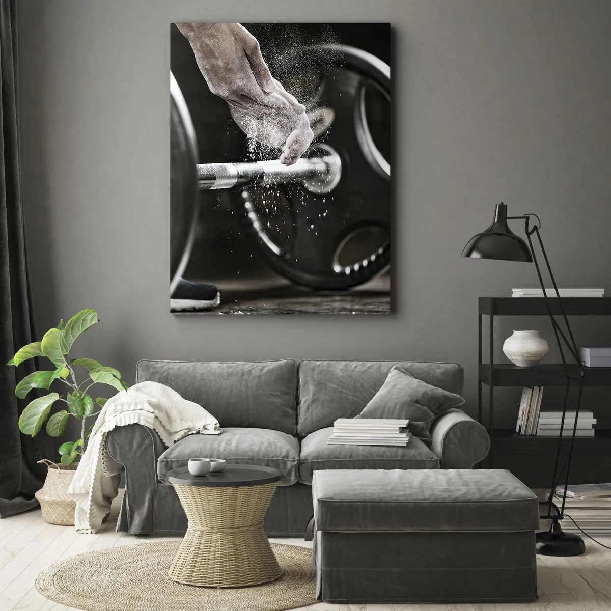 Cuadro sobre lienzo - Impresión de Imagen - Mancuernas y manos de un atleta preparándose para el entrenamiento. - 50x70cm - ¡Reto aceptado! - Decoración de pared moderna para salón y dormitorio ARTTOR