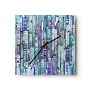 Reloj de pared - Reloj de vidrio - Ilustración de una ciudad con edificios geométricos en tonos azules y morados. - 30x30cm - Azul del cielo - Decoración de pared moderna para salón y dormitorio ARTTOR