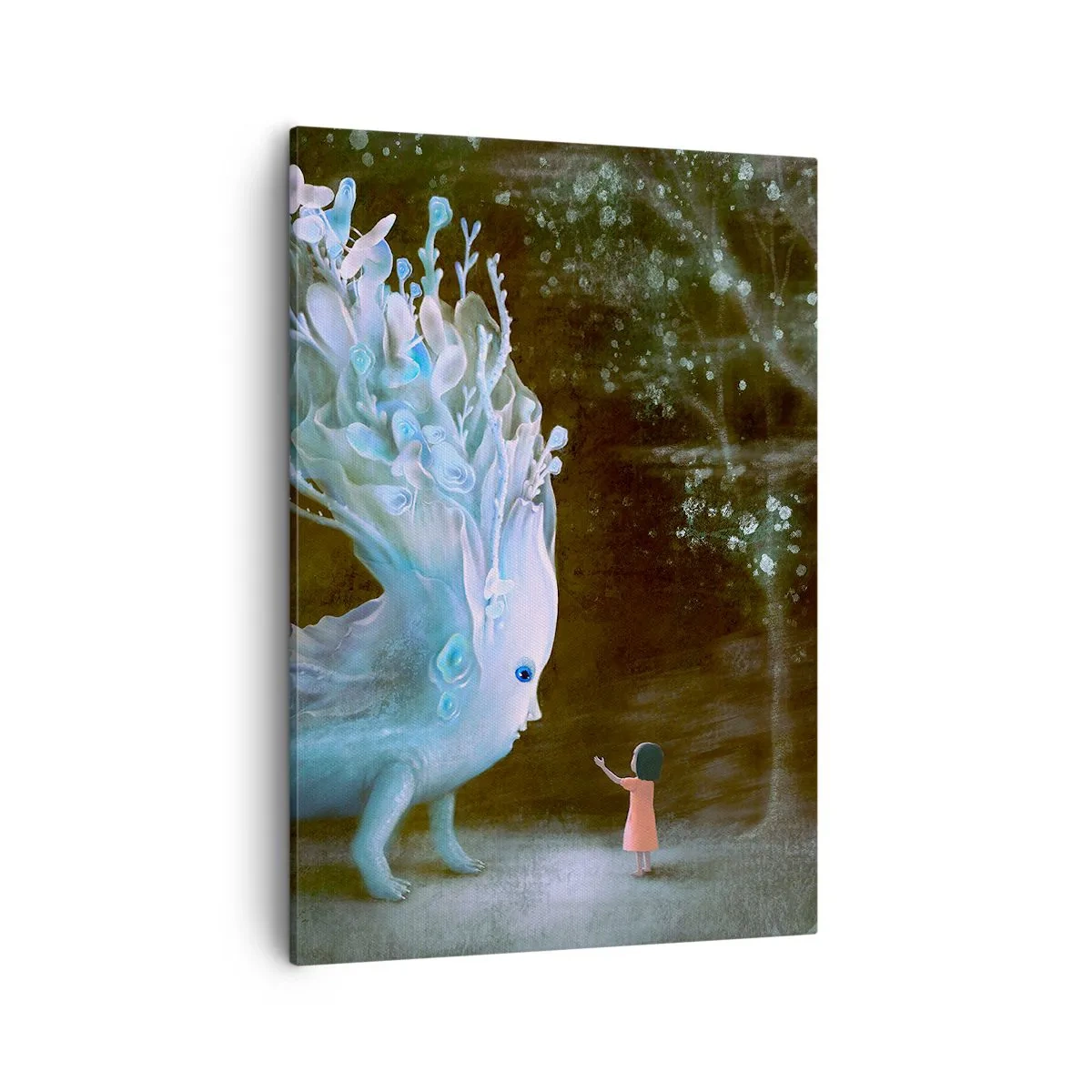 Cuadro sobre lienzo - Impresión de Imagen - La figura de una niña frente a una criatura fantástica. - 50x70cm - Una reunión fantástica - Decoración de pared moderna para salón y dormitorio ARTTOR