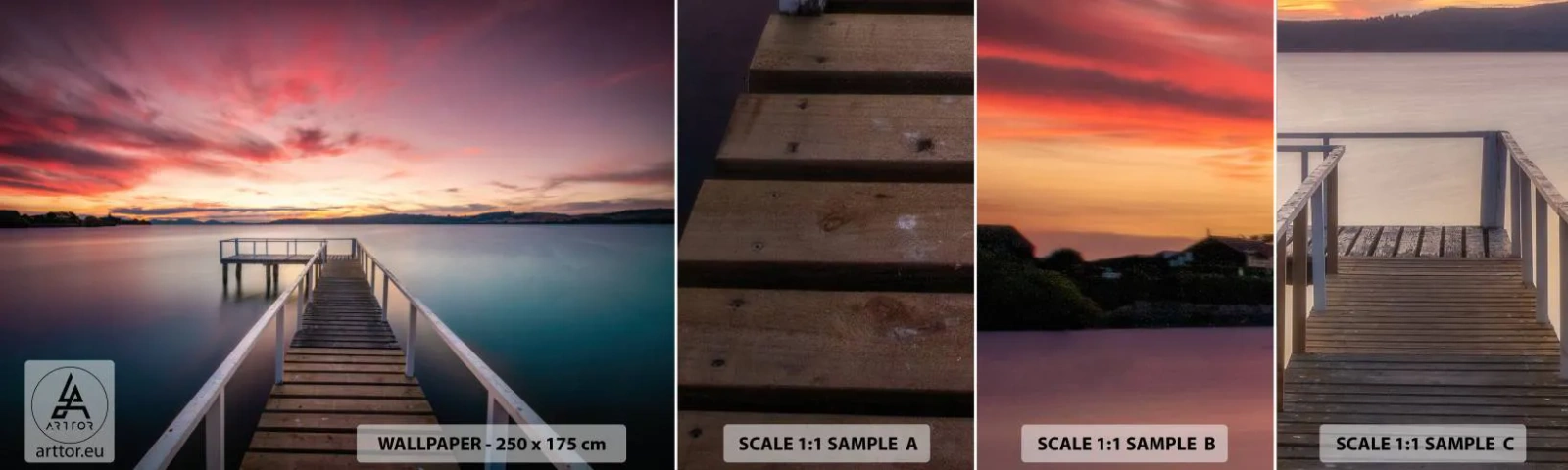 Muestra De Fotomural Standard Eco - La suave llama del atardecer - Paisaje, Atardecer, Muelle de madera - 100x30 cm