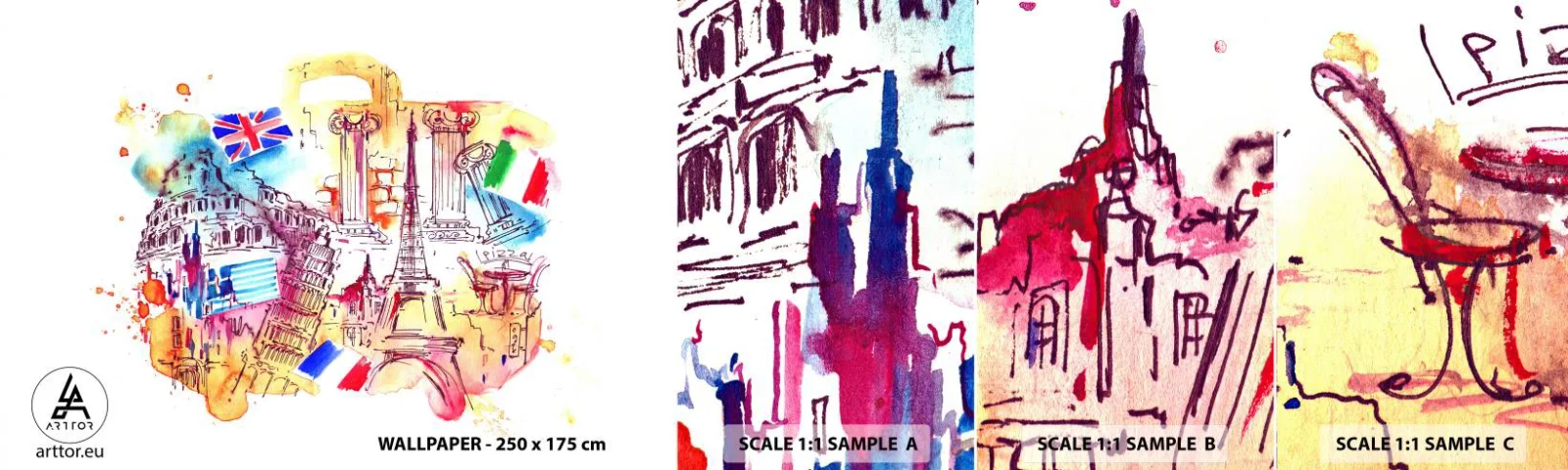 Muestra de fotomural autoadhesivo Deluxe Sticker - Gira europea - Abstracción, Viajes, Maleta - 100x30 cm