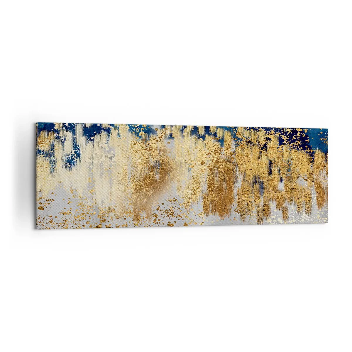 Cuadro sobre lienzo - Impresión de Imagen - Una composición abstracta en tonos dorados y azul marino. - 160x50cm - Composición moderna con chispas - Decoración de pared moderna para salón y dormitorio ARTTOR