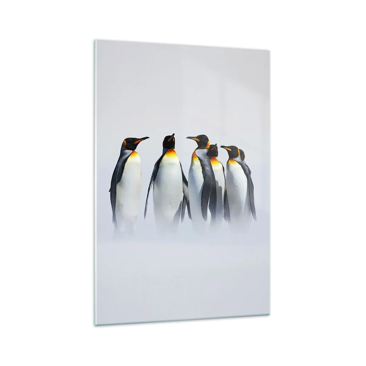 Cuadro sobre vidrio - Impresiones sobre Vidrio - Un grupo de pingüinos emperador en la niebla invernal. - 70x100cm - Reunión en traje de noche - Decoración de pared moderna para salón y dormitorio ARTTOR