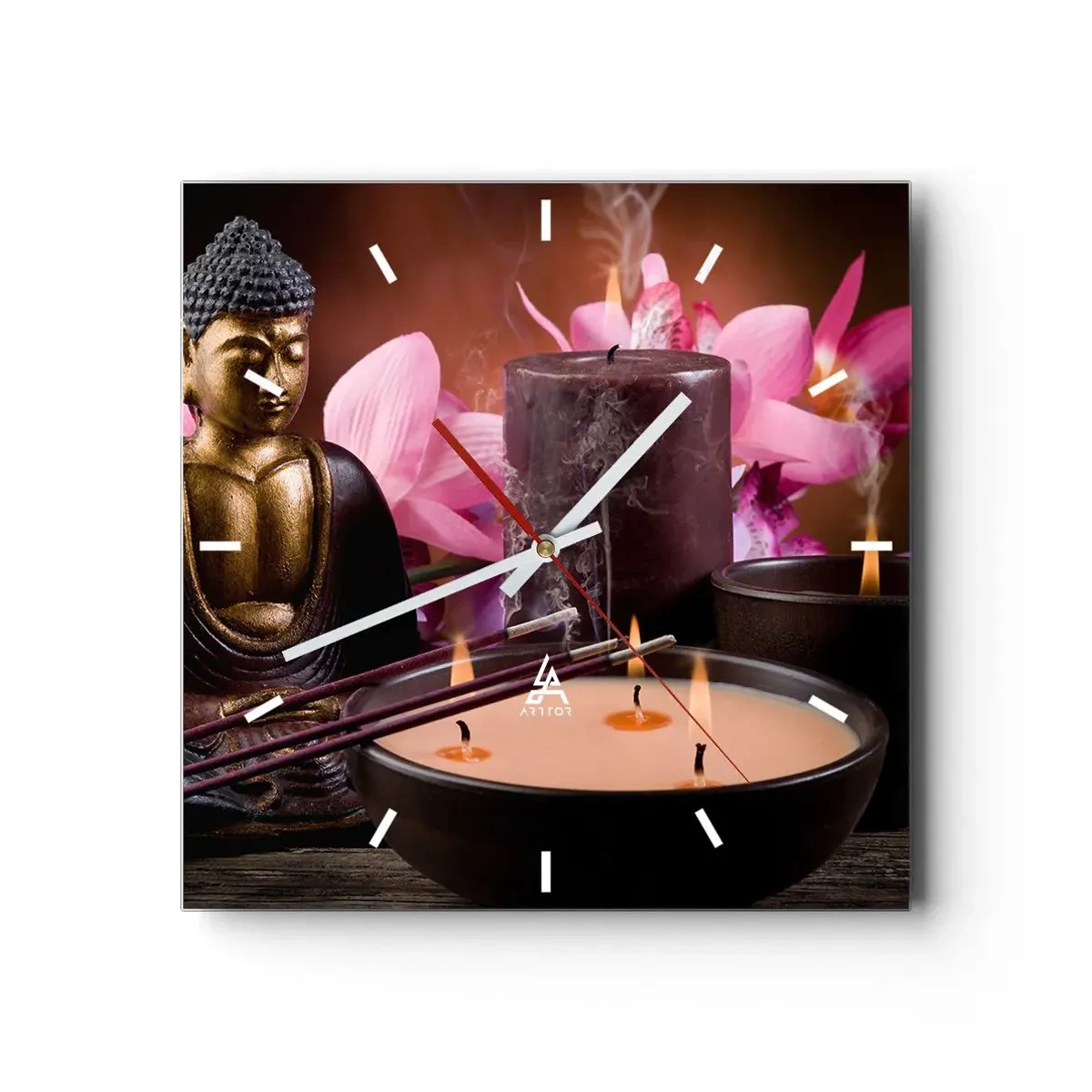 Reloj de pared - Reloj de vidrio - Figura de Buda con velas encendidas y varillas de incienso. - 30x30cm - Despejar la mente, calmar el cuerpo - Decoración de pared moderna para salón y dormitorio ARTTOR