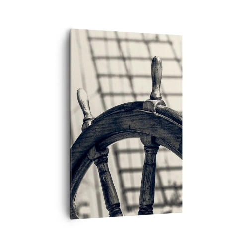 Cuadro sobre lienzo - Impresión de Imagen - Un timón de vela de estilo retro con un barco al fondo. - 80x120cm - Un cuento marino - Decoración de pared moderna para salón y dormitorio ARTTOR