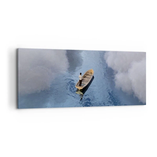 Cuadro sobre lienzo - Impresión de Imagen - Un hombre en un barco en un mar tranquilo rodeado de nubes. - 120x50cm - La vida - el viaje - lo desconocido - Decoración de pared moderna para salón y dormitorio ARTTOR
