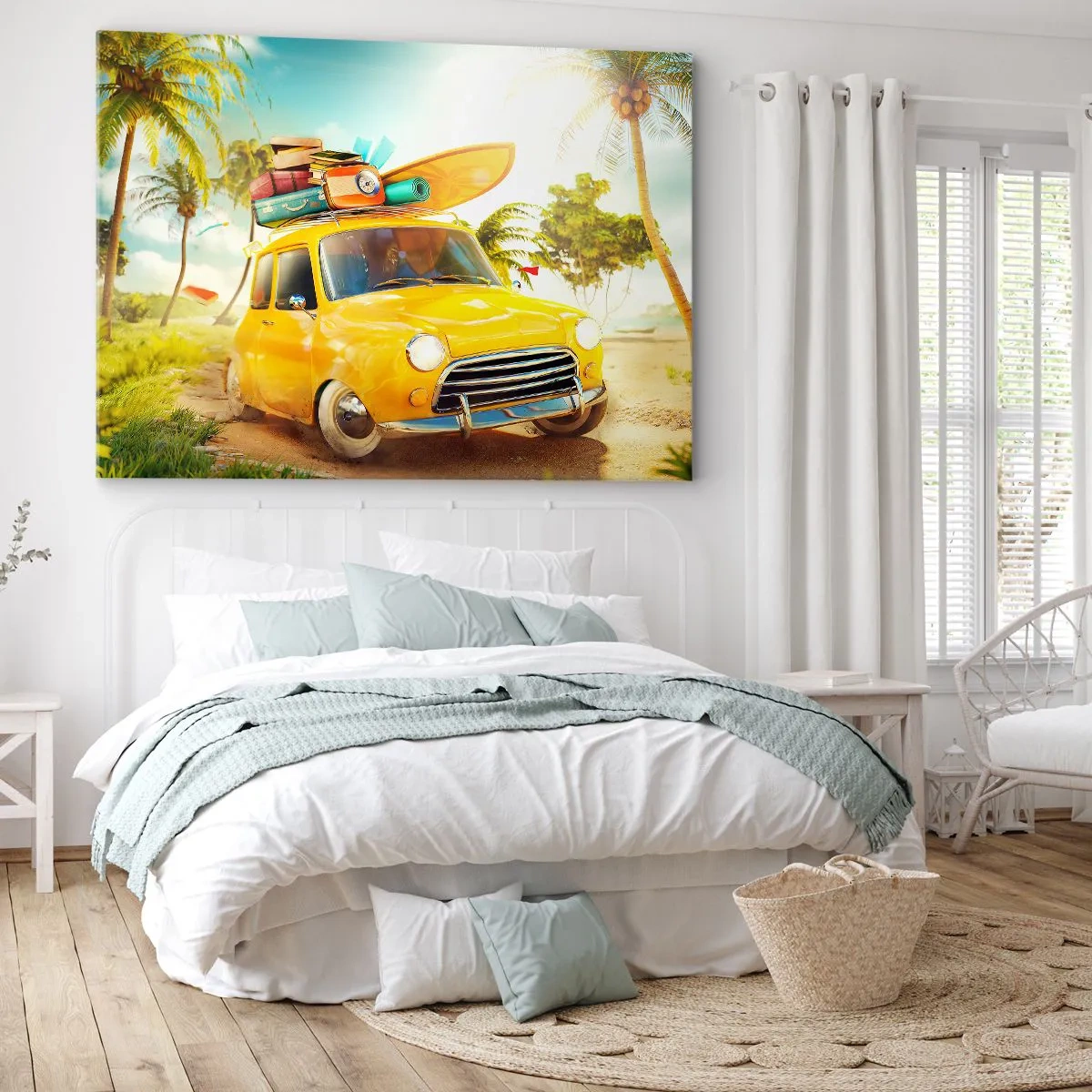 Cuadro sobre lienzo - Impresión de Imagen - Un coche amarillo con equipaje frente a un paisaje tropical. - 120x80cm - Un viaje para más de una sonrisa - Decoración de pared moderna para salón y dormitorio ARTTOR