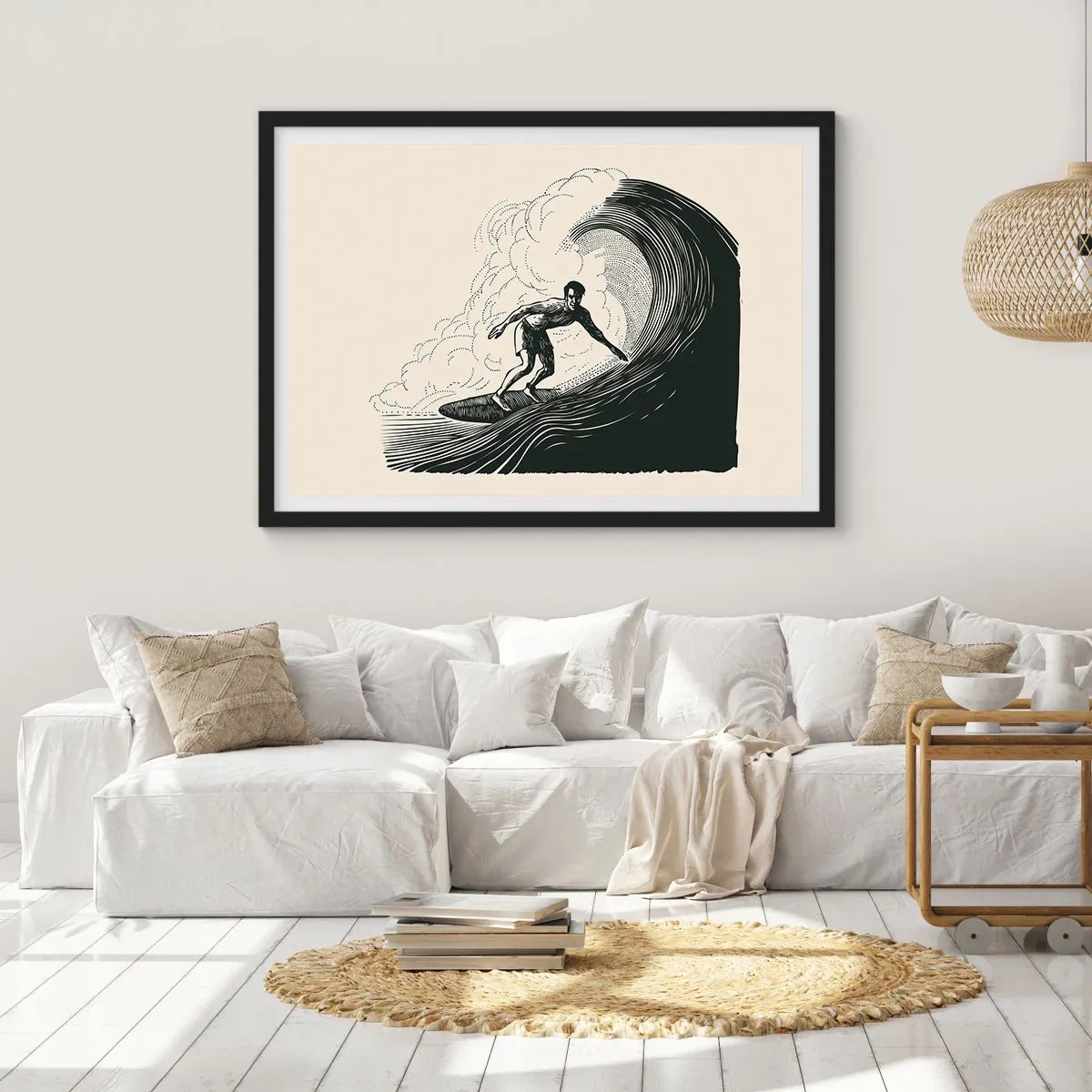 Póster en marco negro - Gráfico en blanco y negro de un surfista montando una ola. - 70x50cm - Rey de la ola - Decoración de pared moderna para salón y dormitorio ARTTOR