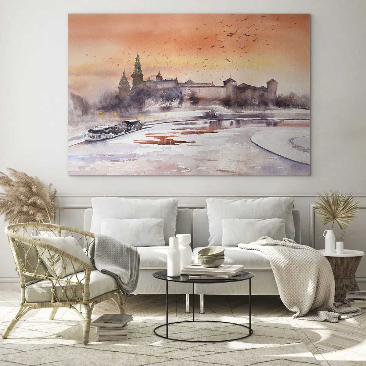 Cuadro sobre vidrio - Impresiones sobre Vidrio - Puesta de sol sobre el castillo real y el río en invierno - 70x50cm - Atardecer real - Decoración de pared moderna para salón y dormitorio ARTTOR