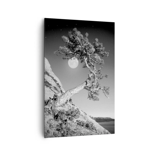 Cuadro sobre lienzo - Impresión de Imagen - Árbol en blanco y negro en un acantilado con la luna al fondo - 80x120cm - Un guerrero victorioso - Decoración de pared moderna para salón y dormitorio ARTTOR