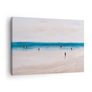 Cuadro sobre lienzo - Impresión de Imagen - Una playa con gente con el mar en calma como telón de fondo. - 70x50cm - Necesidad natural - Decoración de pared moderna para salón y dormitorio ARTTOR