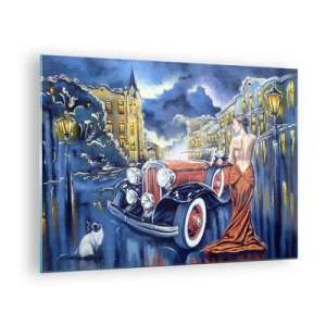 Cuadro sobre vidrio - Impresiones sobre Vidrio - Una mujer con un vestido elegante junto a un coche clásico. - 70x50cm - Noche de romanticismo - Decoración de pared moderna para salón y dormitorio ARTTOR