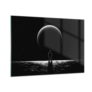 Cuadro sobre vidrio - Impresiones sobre Vidrio - Astronauta de pie frente a un planeta en blanco y negro. - 100x70cm - Cara a cara - Decoración de pared moderna para salón y dormitorio ARTTOR