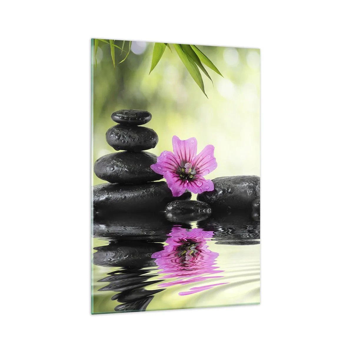 Cuadro sobre vidrio - Impresiones sobre Vidrio - Piedras zen y una flor rosa reflejada en el agua. - 70x100cm - Tiempo para el alma - Decoración de pared moderna para salón y dormitorio ARTTOR