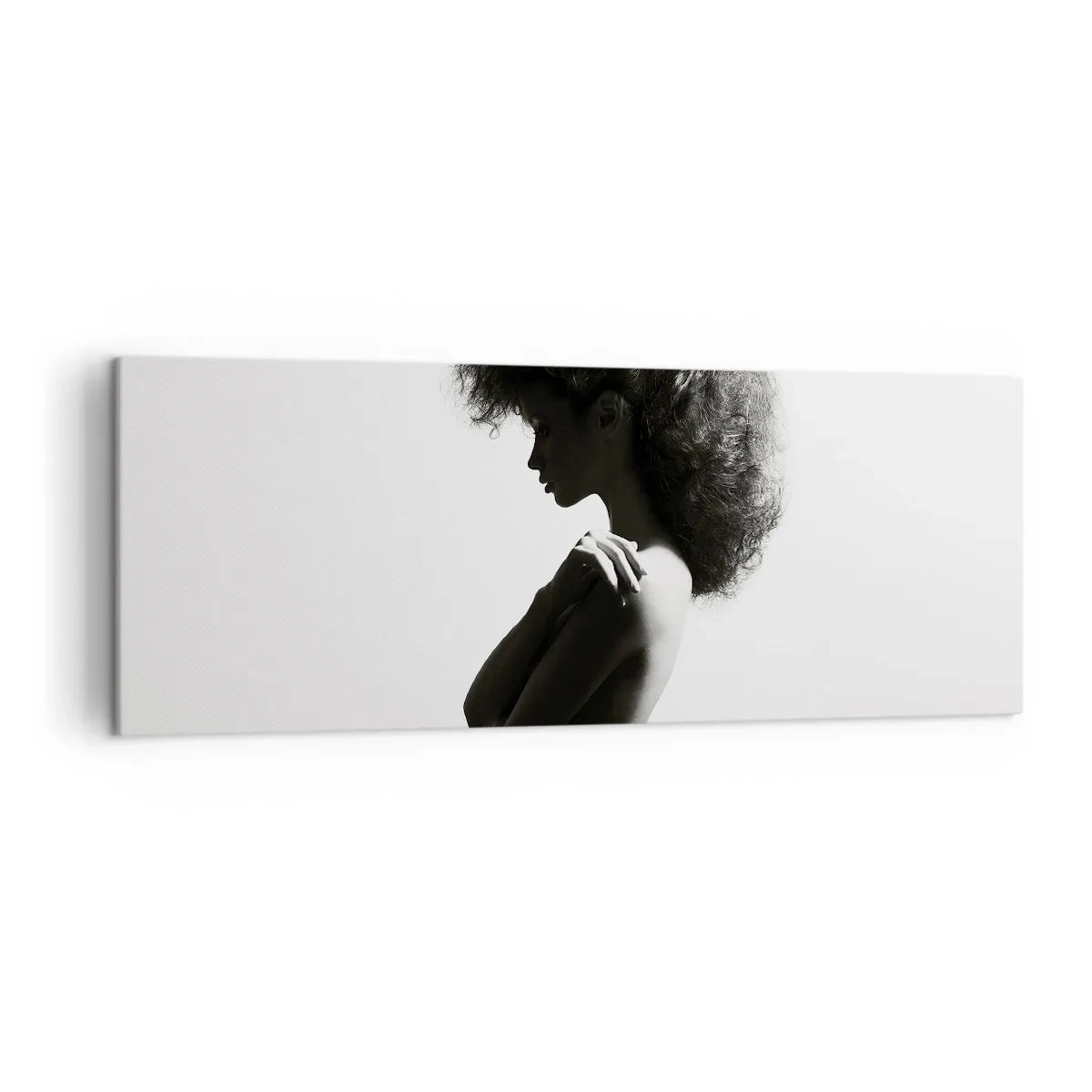 Cuadro sobre lienzo - Impresión de Imagen - Una silueta sutil de una mujer en tonos blanco y negro sobre un fondo claro. - 140x50cm - Como una flor en un tallo delgado - Decoración de pared moderna para salón y dormitorio ARTTOR