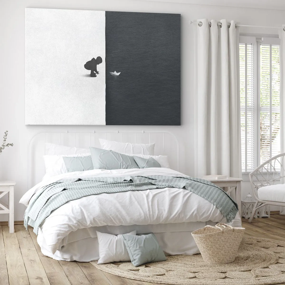 Cuadro sobre lienzo - Impresión de Imagen - Figura de un niño con un barquito de papel sobre un fondo de mitades contrastantes. - 100x70cm - Una gran expedición náutica - Decoración de pared moderna para salón y dormitorio ARTTOR