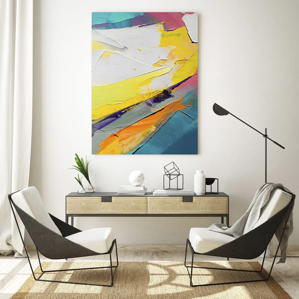 Cuadro sobre vidrio - Impresiones sobre Vidrio - Pinceladas abstractas en amarillo, azul y blanco. - 50x70cm - Anatomía de la luz - Decoración de pared moderna para salón y dormitorio ARTTOR