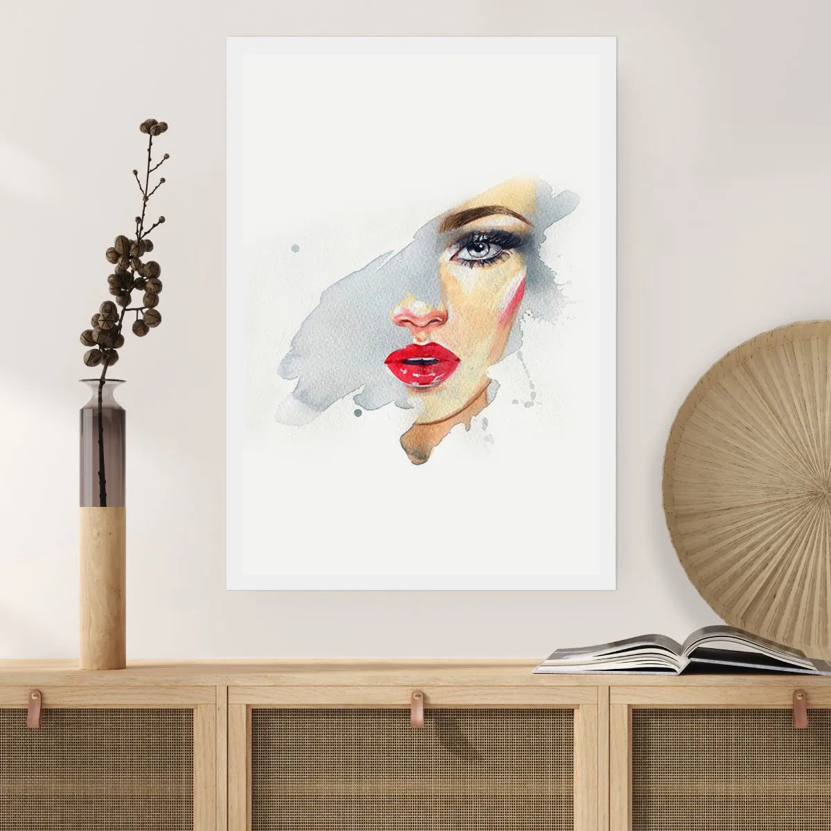 Póster - Retrato en acuarela de una mujer con labios rojos. - 50x70cm - Reflejo en una gota de agua - Decoración de pared moderna para salón y dormitorio ARTTOR