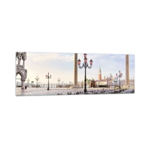 Cuadro sobre vidrio - Impresiones sobre Vidrio - Venecia, vista de la plaza con columnas y mesas de café. - 160x50cm - Vamos, todo está listo - Decoración de pared moderna para salón y dormitorio ARTTOR