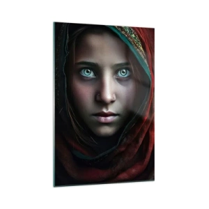 Cuadro sobre vidrio - Impresiones sobre Vidrio - Retrato de una mujer con una mirada intensa en colores cálidos. - 70x100cm - Princesa del Este - Decoración de pared moderna para salón y dormitorio ARTTOR