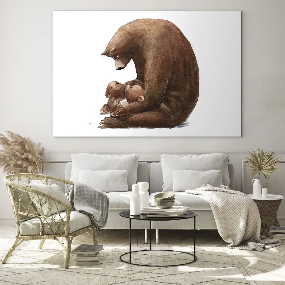Cuadro sobre vidrio - Impresiones sobre Vidrio - Una madre osa abrazando a dos pequeños cachorros de oso - 70x50cm - Dulces sueños, niños - Decoración de pared moderna para salón y dormitorio ARTTOR