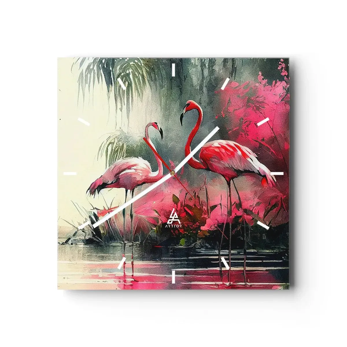 Reloj de pared - Reloj de vidrio - Flamencos junto al agua rodeados de vegetación. - 30x30cm - Una lección de encanto natural - Decoración de pared moderna para salón y dormitorio ARTTOR