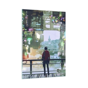 Cuadro sobre vidrio - Impresiones sobre Vidrio - Una figura sobre el fondo de una ciudad futurista con vistas al casco antiguo. - 50x70cm - Dos mundos - Decoración de pared moderna para salón y dormitorio ARTTOR
