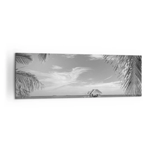 Cuadro sobre lienzo - Impresión de Imagen - Playa blanca y negra con muelle y palmeras en una costa tropical - 160x50cm - ¿Un recuerdo o un sueño? - Decoración de pared moderna para salón y dormitorio ARTTOR