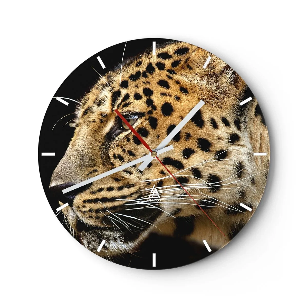 Reloj de pared - Reloj de vidrio - Primer plano de la cabeza de un leopardo sobre un fondo negro - 30x30cm - Tranquilo, concentrado, preparado - Decoración de pared moderna para salón, cocina y dormitorio ARTTOR