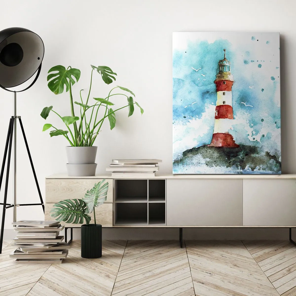 Cuadro sobre lienzo - Impresión de Imagen - Un faro en un entorno de acuarela con un fondo azul. - 50x70cm - La unidad de los elementos - Decoración de pared moderna para salón y dormitorio ARTTOR