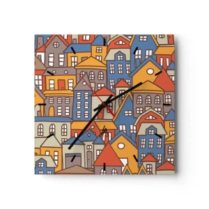 Reloj de pared - Reloj de vidrio - Casas coloridas en estilo gráfico sobre un fondo claro. - 30x30cm - Casa tras casa - Decoración de pared moderna para salón y dormitorio ARTTOR