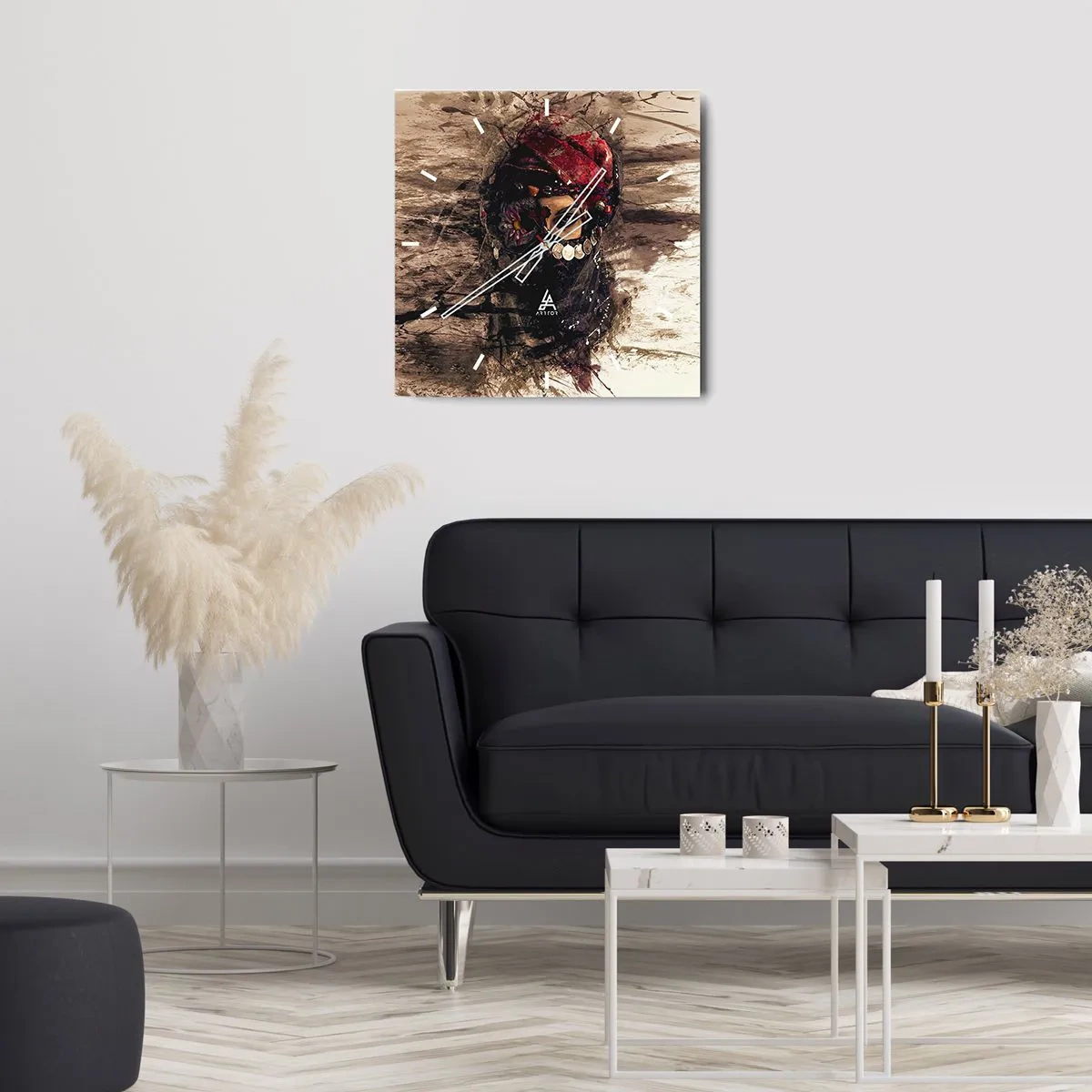 Reloj de pared - Reloj de vidrio - Retrato artístico de una mujer con atuendo oriental sobre un fondo abstracto. - 30x30cm - Inquietante, como mínimo - Decoración de pared moderna para salón y dormitorio ARTTOR