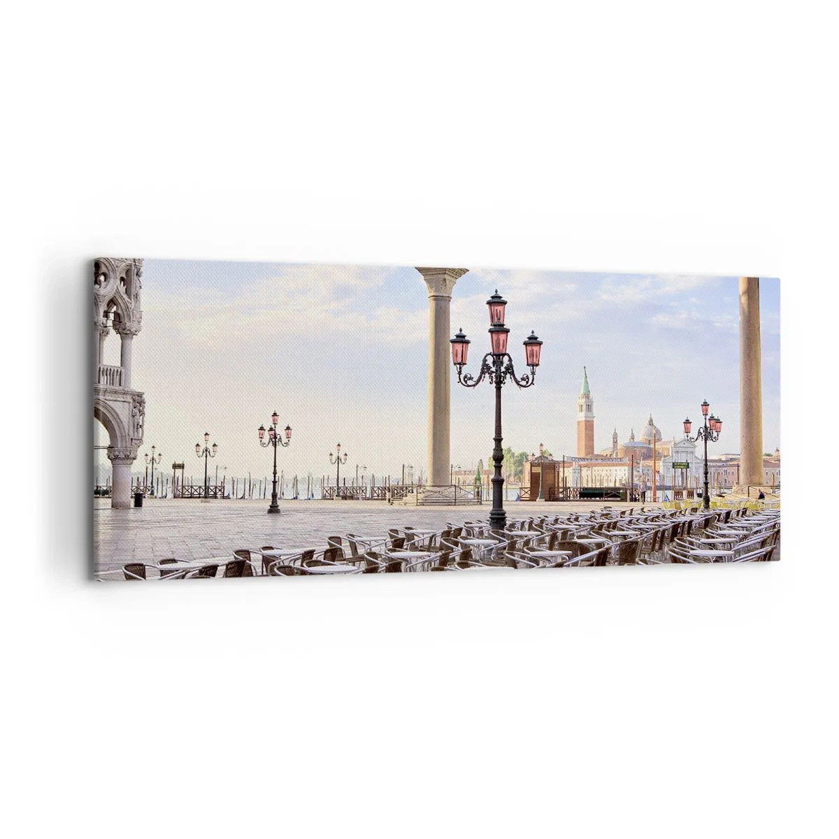 Cuadro sobre lienzo - Impresión de Imagen - Venecia, vista de la plaza con columnas y mesas de café. - 120x50cm - Vamos, todo está listo - Decoración de pared moderna para salón y dormitorio ARTTOR