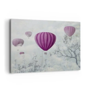 Cuadro sobre lienzo - Impresión de Imagen - Globos morados flotando sobre los árboles en las nubes. - 100x70cm - Surcando los cielos - Decoración de pared moderna para salón y dormitorio ARTTOR