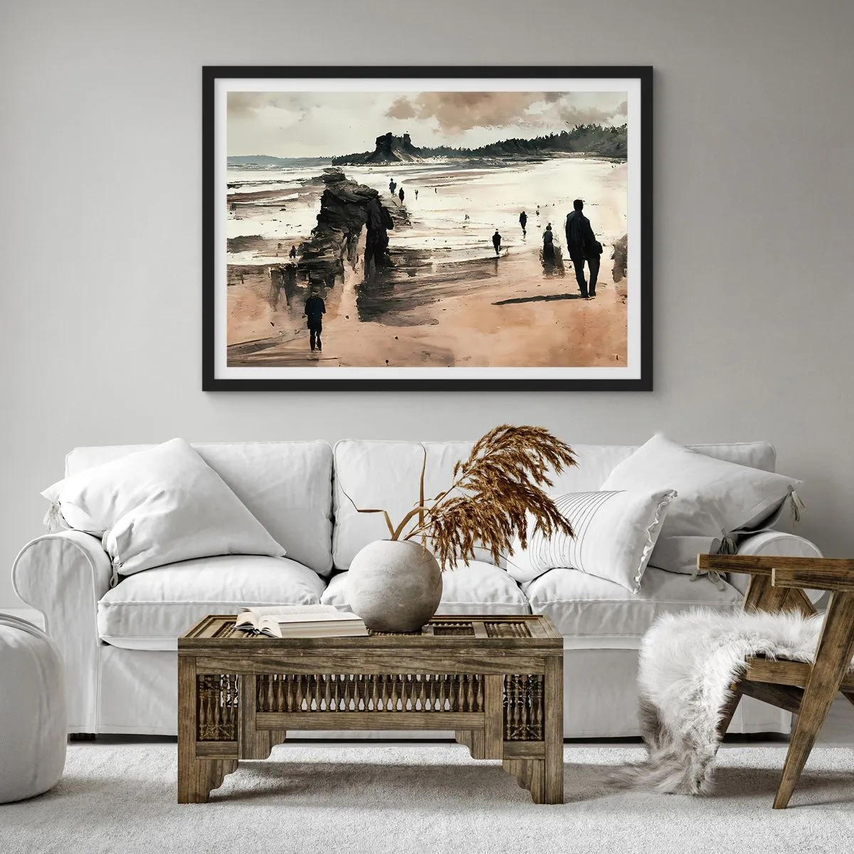 Póster en marco negro - Caminantes de playa en un paisaje tranquilo - 100x70cm - Un sueño evocado - Decoración de pared moderna para salón y dormitorio ARTTOR