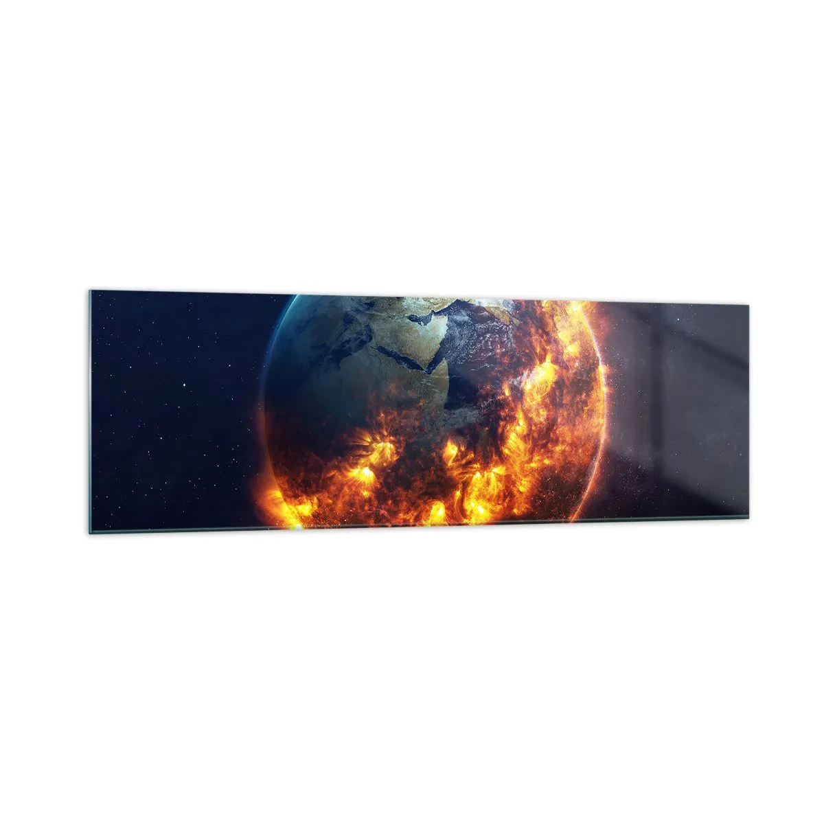 Cuadro sobre vidrio - Impresiones sobre Vidrio - El planeta Tierra en llamas en el espacio exterior - 160x50cm - La llama del apocalipsis - Decoración de pared moderna para salón y dormitorio ARTTOR