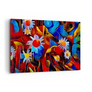 Cuadro sobre lienzo - Impresión de Imagen - Flores abstractas sobre un fondo de patrones geométricos. - 100x70cm - Colores de la vida - Decoración de pared moderna para salón y dormitorio ARTTOR