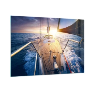 Cuadro sobre vidrio - Impresiones sobre Vidrio - La cubierta de un velero con el sol poniente y las olas del mar como telón de fondo. - 100x70cm - Corriendo sobre las olas - Decoración de pared moderna para salón y dormitorio ARTTOR