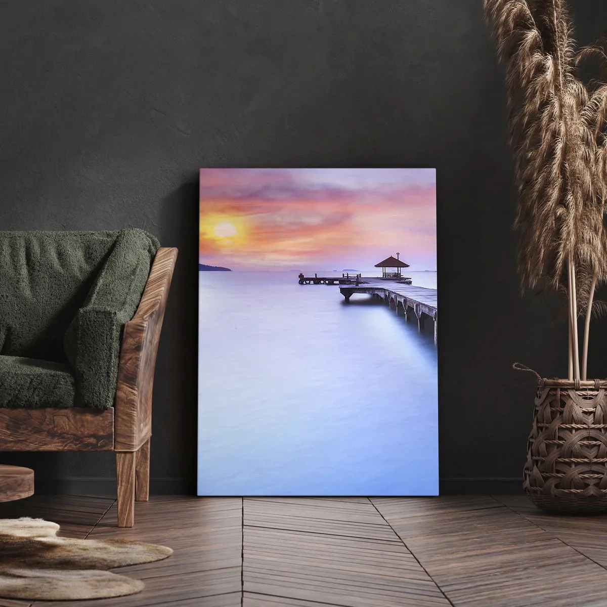 Cuadro sobre lienzo - Impresión de Imagen - Muelle de madera que conduce al agua durante la puesta de sol. - 50x70cm - Un mar de calma hasta el horizonte - Decoración de pared moderna para salón y dormitorio ARTTOR