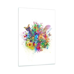 Cuadro sobre vidrio - Impresiones sobre Vidrio - Abstracción colorida con mariposas, flores y plumas sobre un fondo blanco. - 50x70cm - Un ramo de alegría - Decoración de pared moderna para salón y dormitorio ARTTOR