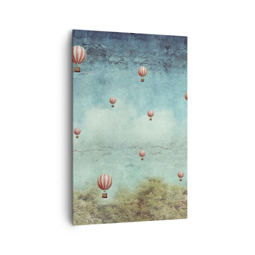Cuadro sobre lienzo - Impresión de Imagen - Globos retro contra un cielo azul y un fondo verde. - 80x120cm - Libre del ajetreo de la vida - Decoración de pared moderna para salón y dormitorio ARTTOR