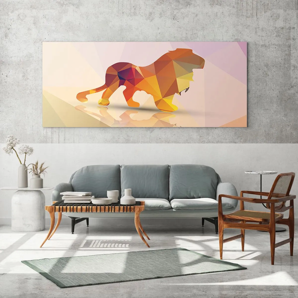 Cuadro sobre vidrio - Impresiones sobre Vidrio - Silueta geométrica de un león en tonos amarillo y naranja. - 140x50cm - El rey de los diamantes - Decoración de pared moderna para salón y dormitorio ARTTOR
